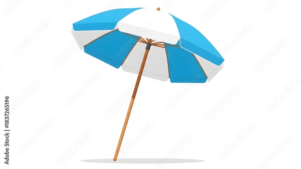 Obraz premium Blue and white striped beach umbrella with a wooden pole