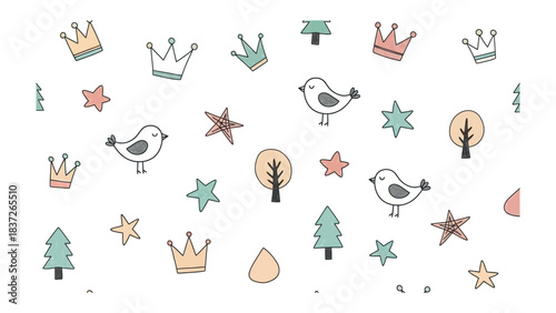 Whimsical Pattern: An enchanting pattern of crowns, birds, stars, trees, and water droplets dances across the scene, creating a delightful atmosphere.