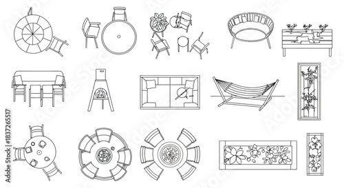 architectural drawings of diverse outdoor furniture and garden decor elements for modern patio and landscape design.