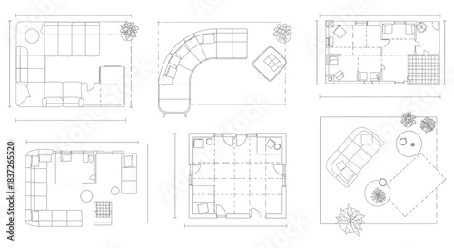 architectural floor plans modern furniture layouts diverse living room arrangements for interior design home planning and styling.