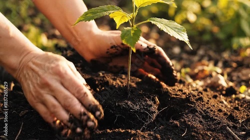 Close-up of weathered hands gently planting a young tree seedling in rich, dark soil.