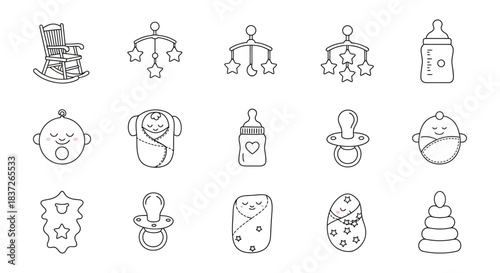 baby line art icons newborn essentials swaddled infants bottles pacifiers rocking chair ideal for parenting projects.