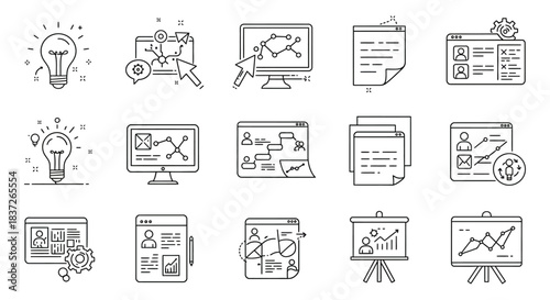 business strategy data analytics and workflow management line icons for digital transformation innovation and corporate planning solutions.
