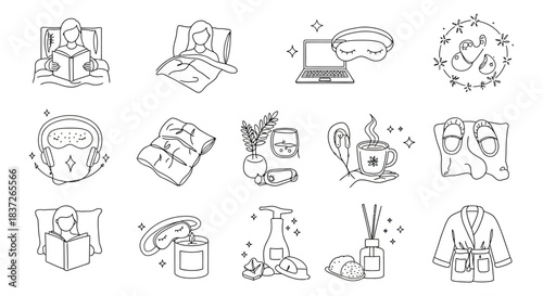 collection of line art icons illustrating relaxation self-care and cozy lifestyle elements for wellness and mindful living concepts.