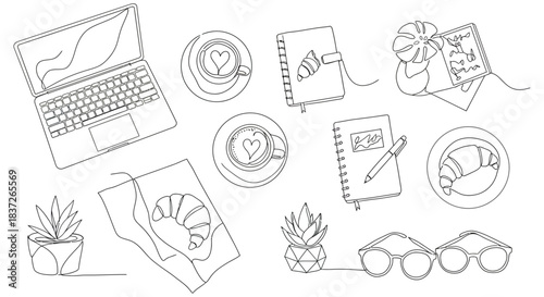 continuous line art collection of daily essentials for a cozy work from home setup laptop coffee croissants notebooks and plants illustrating modern productivity.
