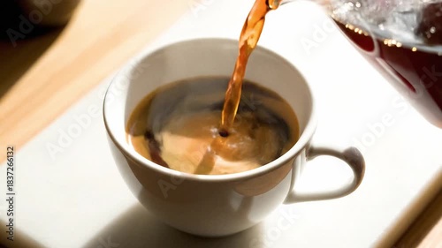 Overhead slow-motion shot of rich, dark coffee being poured into a white ceramic cup, creating a swirling vortex.