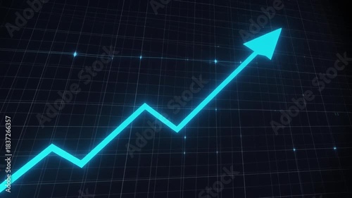 Clean, sleek 3D animation of a glowing line graph rising steadily against a dark backdrop, with data points lighting up.