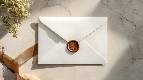 Elegant white envelope sealed with a classic wax stamp rests on a textured surface with soft light