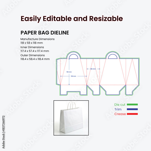 Paper Bag Dieline Template With Dimensions And Example Bag die cut trim