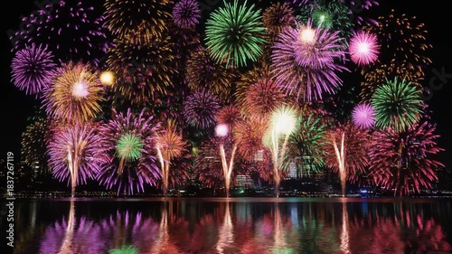 Slow-motion captures of colorful fireworks (chrysanthemums, peonies, willows) exploding over a city skyline and reflecting in water.