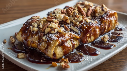 Sweet Rolled Pastry with Caramel Sauce and Pecans dessert