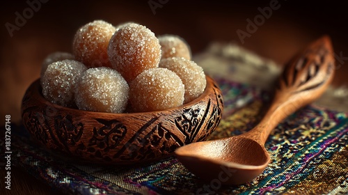 Sweet Sugar Coated Balls in Wooden Bowl with Spoon Keywords: sweet, dessert, food, sugar, balls