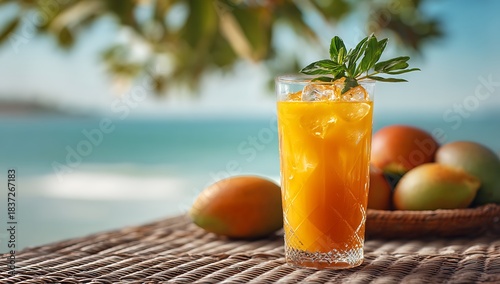 Tropical Mango Drink with Fresh Mangoes by the Ocean