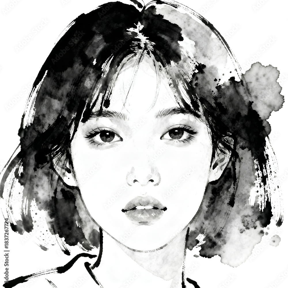 Fototapeta premium A striking black and white portrait of a woman with watercolor effects