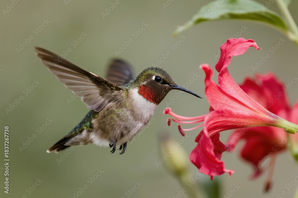 Fototapeta premium A hummingbird hovers near a vibrant red flower, feeding with its long beak.