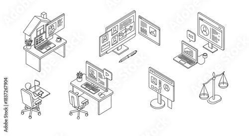 isometric digital concepts featuring remote work online collaboration data analysis legal justice for modern business environments.
