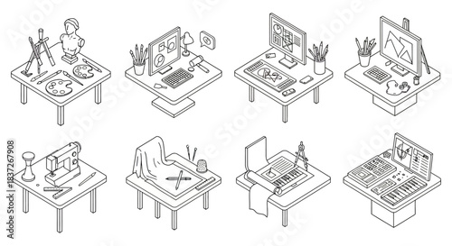 isometric creative workspaces illustrating diverse digital and manual professions including art design music sewing and architecture with essential tools.