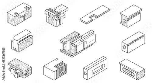isometric line art depicting various woodworking joint designs illustrating carpentry connection methods for educational diagrams and construction.