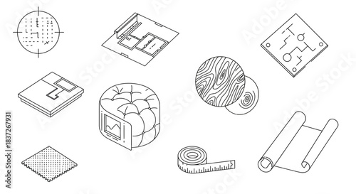 isometric line art icons of architecture interior design blueprints materials furniture and measuring tools.