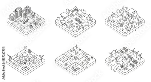 isometric line art illustrations featuring smart city development sustainable energy solutions and urban planning concepts.