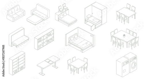 isometric line art illustrations of household furniture space-saving beds dining tables and appliances for interior design