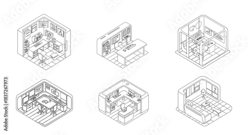 isometric line art office spaces illustrating modern professional environments for corporate business and interior design needs.