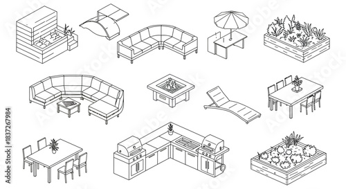 isometric outdoor furniture and garden elements vector line art a comprehensive collection depicting modern backyard and patio design concepts for landscape planning.