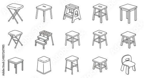 isometric outline illustrations of diverse stools and a small chair ideal for furniture design home decor and utility concepts.