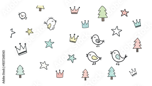 Whimsical Forest Friends: A charming illustration featuring playful birds, stars, crowns and trees creates a scene of fantasy and delight. 