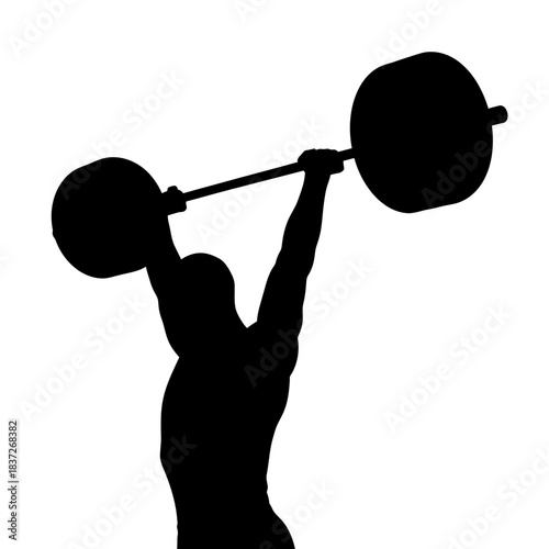 Dynamic weightlifter silhouette powerfully lifting barbell overhead against white backdrop, embodying strength, fitness, and peak athletic performance