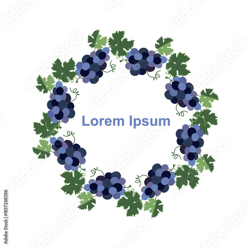 Grape circle frame. Bunch of blue grapes with leaves flat design illustration for web, for print design element object, for product design, Lorem Ipsum