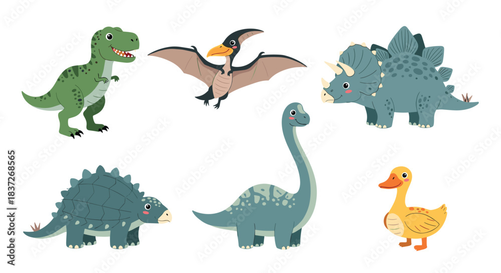 Naklejka premium Cute cartoon collection of various prehistoric dinosaurs including a T-rex and a Stegosaurus.