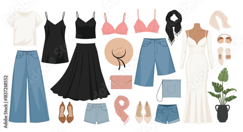 Stylish women's clothing and accessory collection for creating a fashionable summer capsule wardrobe.