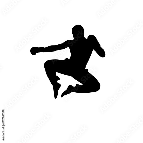 Dynamic silhouette of fighter leaping with punch, perfect for sports branding, fitness campaigns, and martial arts promotions, energy and power