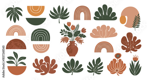 Modern set of abstract botanical shapes and rainbows in a warm earthy color palette for design.