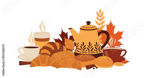 Cozy autumn still life with a decorative teapot cups of coffee croissants and fall leaves.