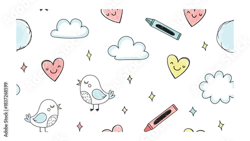 Whimsical Illustration: A delightful illustration showcases a playful arrangement of clouds, hearts, birds, and crayons, conveying a sense of childlike wonder and creativity.