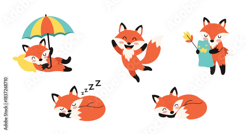 Adorable collection of cute cartoon foxes in various poses like sleeping playing and waving.