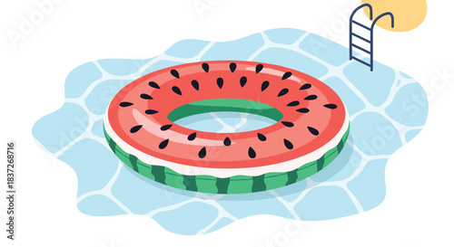 Inflatable watermelon float ring is shown floating in the clear blue water of a swimming pool.