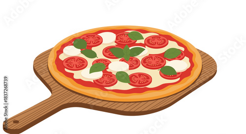 Freshly baked pepperoni and basil pizza is served hot on a classic wooden pizza paddle.