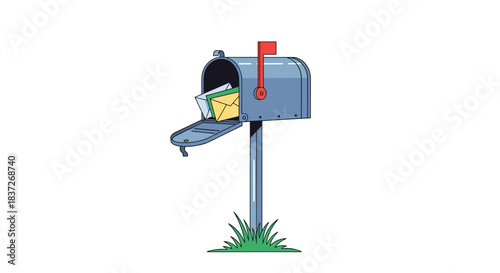 Classic blue rural mailbox is open revealing a yellow letter with a postage stamp inside.
