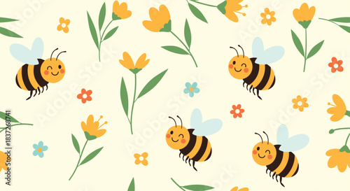 Cute seamless spring pattern of busy cartoon bees flying around yellow and white flowers.