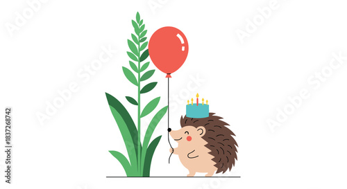 Cute cartoon hedgehog wearing a little crown holds a single red balloon as a birthday concept.