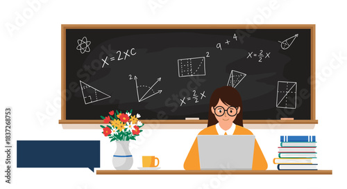 Young female teacher stands in a classroom in front of a chalkboard with math equations written on it.