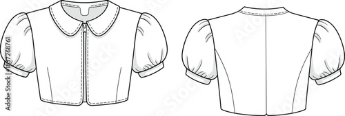 Cropped short-sleeve blouse fashion flat sketch featuring peter pan collar, puff sleeves, front opening, and clean technical illustration for apparel design use.