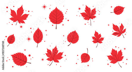 Abstract background of vibrant red maple leaves falling like snow on a crisp autumn day.