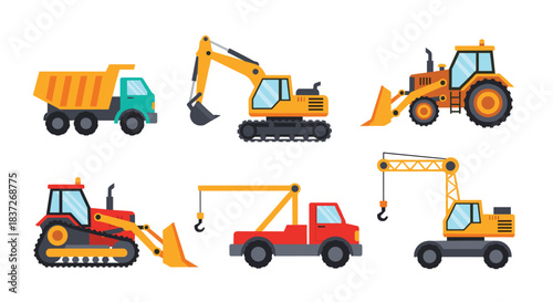 Colorful collection of various heavy construction machinery including excavators and dump trucks.