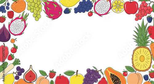 Decorative rectangular frame made from a colorful variety of fresh and exotic tropical fruits.