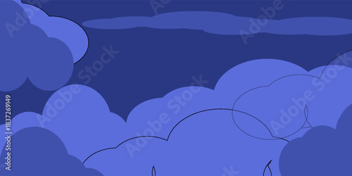 Night cloudy sky. Minimalistic banner with fluffy clouds and twinkling stars. Daydreaming, imagination and relaxation. Background with copy space.