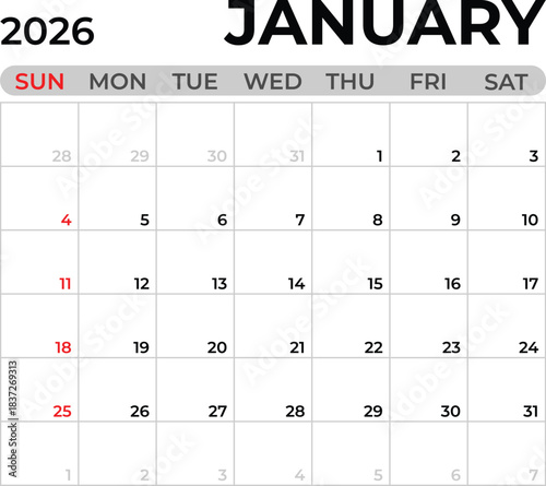 January 2026 Monthly Calendar Template